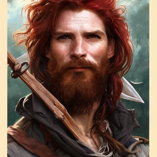 Image similar to portrait of a young ruggedly handsome but joyful pirate, male, masculine, upper body, crimson hair, long hair, d & d, fantasy, smirk, intricate, elegant, highly detailed, digital painting, artstation, concept art, matte, sharp focus, illustration, art by artgerm and greg rutkowski and alphonse mucha