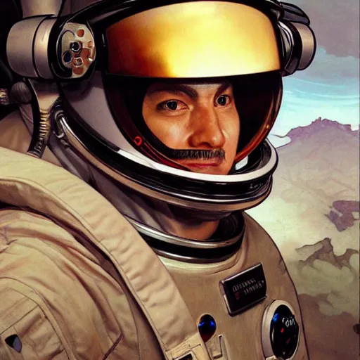 Image similar to a close up painting of an astronaut floating in space. his helmet visor is dark and reflective. you can see the reflection of the photographer in his helmet visor. by artgerm and greg rutkowski and alphonse mucha