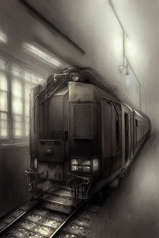 Image similar to hyperrealist pencil sketch of a train by jeremy mann and alphonse mucha, fantasy art, drawing, dynamic lighting, artstation, poster, volumetric lighting, very detailed faces, 4 k, award winning