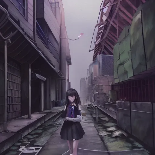 Prompt: a perfect, realistic professional gouache painting of a Japanese schoolgirl posing in a dystopian alleyway, style of Marvel, full length, by a professional American senior artist on ArtStation, a high-quality hollywood-style concept