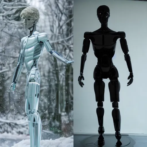 Image similar to made of ice, a realistic detailed photo of a guy who is an attractive humanoid who is half robot and half humanoid, who is a male android, on display, blank stare, showing off his muscles, shiny skin, posing like a statue, by the pool, frozen ice statue, twitch streamer / gamer ludwig, humanoid robot