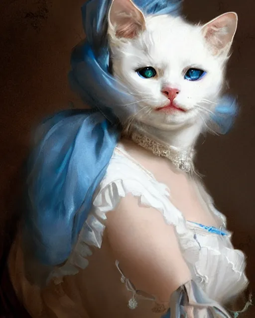 Prompt: cute white cat with blue eyes dressed like marie antoinette, joseph ducreux, greg rutkowski, baroque rococo fashion, royal portrait, elegant, luxurious, oil painting