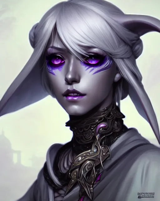 Image similar to portrait of an anime female drow necromancer, hd, illustration, epic, d & d, fantasy, intricate, elegant, highly detailed, digital painting, artstation, concept art, smooth, sharp focus, illustration, art by artgerm and greg rutkowski and alphonse mucha, monster hunter illustrations art book