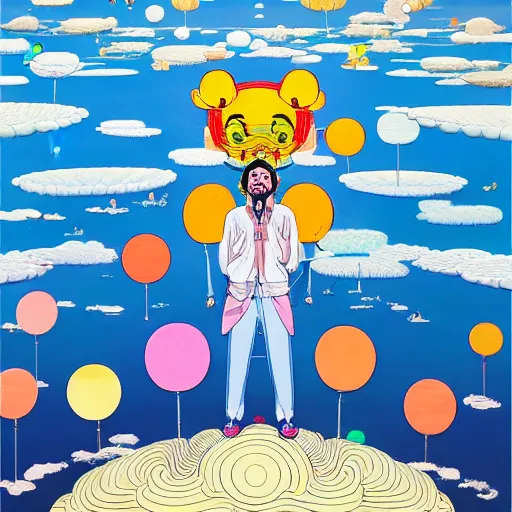 Image similar to a man walking on clouds away from the camera above kyoto by takashi murakami, beeple and james jean, aya takano color style, 4 k, super detailed, modern, 4 k, symmetrical