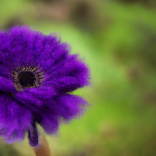 Prompt: photo of a fuzzy, black and purple flower