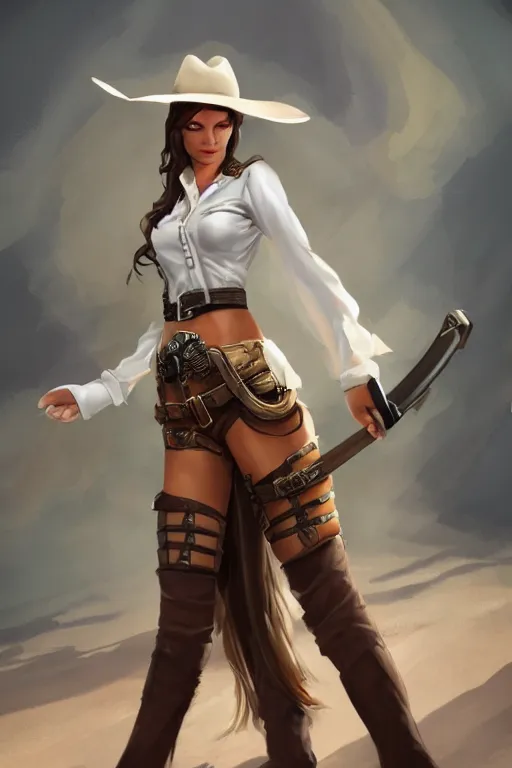 Prompt: full body, female cowgirl, perfect face, white blouse, long rifle, 8 k, magic the gathering, desert, d & d, artstation