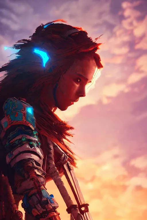 Image similar to combination suit armor aloy horizon forbidden west horizon zero dawn radiating a glowing aura global illumination ray tracing hdr fanart arstation by ian pesty and alena aenami artworks in 4 k tribal robot ninja mask helmet backpack