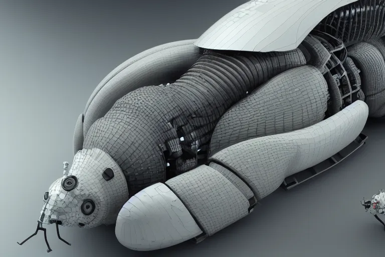 Image similar to an industrial design render of an advanced robotic armadillo curled up behind a bionic snail, industrial, biomimetic, bionic, synthetic aramid fiber, 3D octane render, 8K, artstation