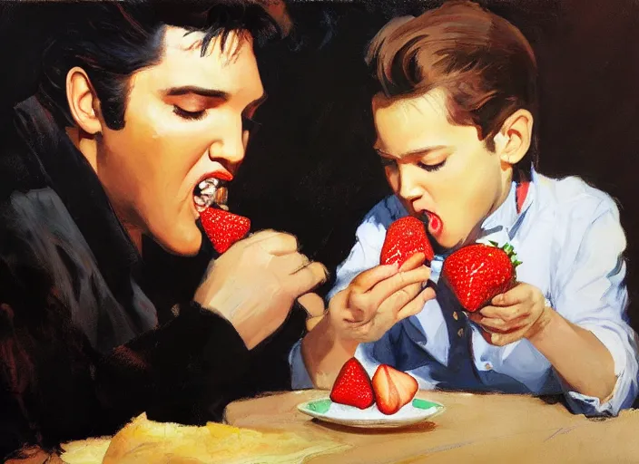 Image similar to a highly detailed beautiful portrait of elvis presley eating strawberry, by gregory manchess, james gurney, james jean