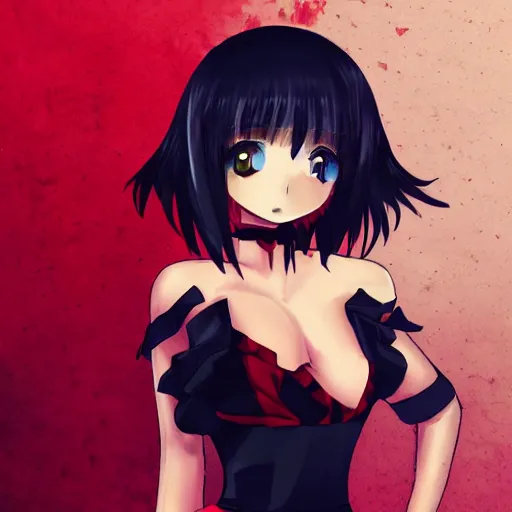 Prompt: a girl with black hair wearing a red dress, she is holding a knife, anime art, smooth, scary atmosphere, hd