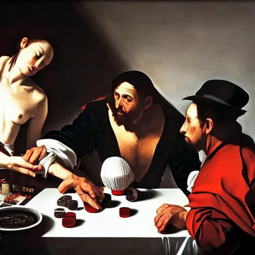 Prompt: the last gamble by caravaggio, oil on canvas, hdr, high detail, photo realistic, intricate, five star ratin, hyperrealism, matte finish, high contrast, 3 d depth, centered, masterpiece, vivid and vibrant colors, enhanced light effect, enhanced eye detail, artstationhd
