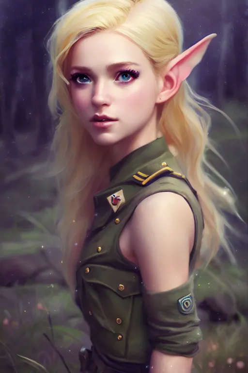 Image similar to cinematic shot of an epic portrait of a cute blonde fairy dressed in military clothes, stylised military clothes, shiny skin, beautiful eyes, beautiful, small details, night setting, realistic poster with volumetric light from craig mallism, artgerm, jeremy lipkin and michael garmash, unreal engine, radiant light, digital art, trends at art station, a masterpiece