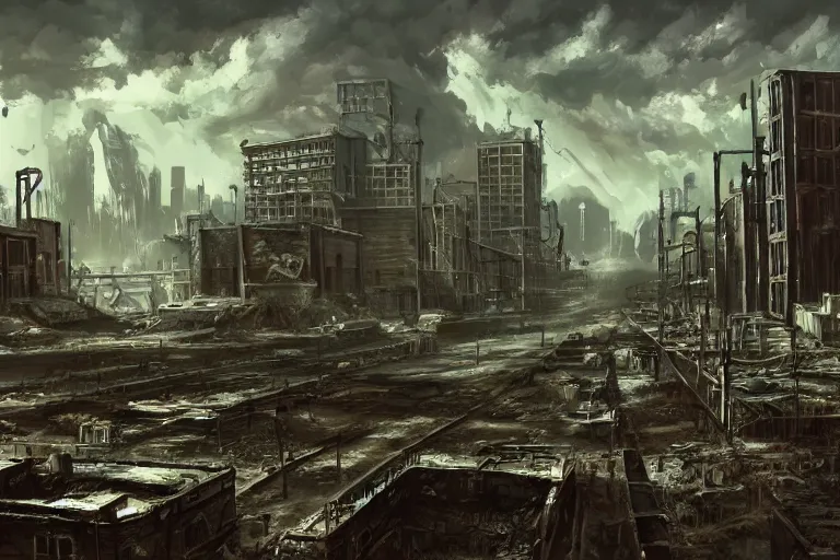 Image similar to Landscape of the nuclear wasteland of new orleans, down-town, city, concept art by Ray Lederer, fallout concept art, wallpaper, trending on art station