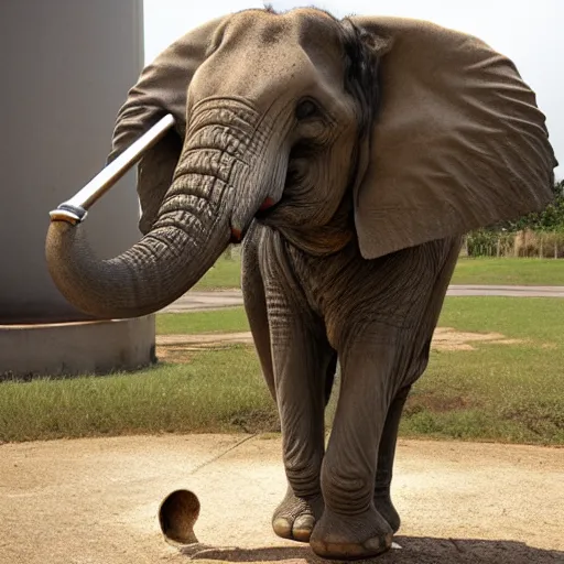 Image similar to elephant standing and holding a huge metal pipe