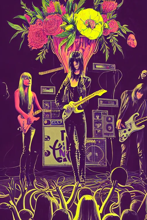 Image similar to the velvet underground and nico playing live on stage at a night club, unusual perspective with nico in the center, beautiful stage decoration with flowers in the background, painting by james jean, very detailed and colorful and toned down and ornamental and moody and cool and relaxed and high on drugs, trending on artstation, behance contest winner