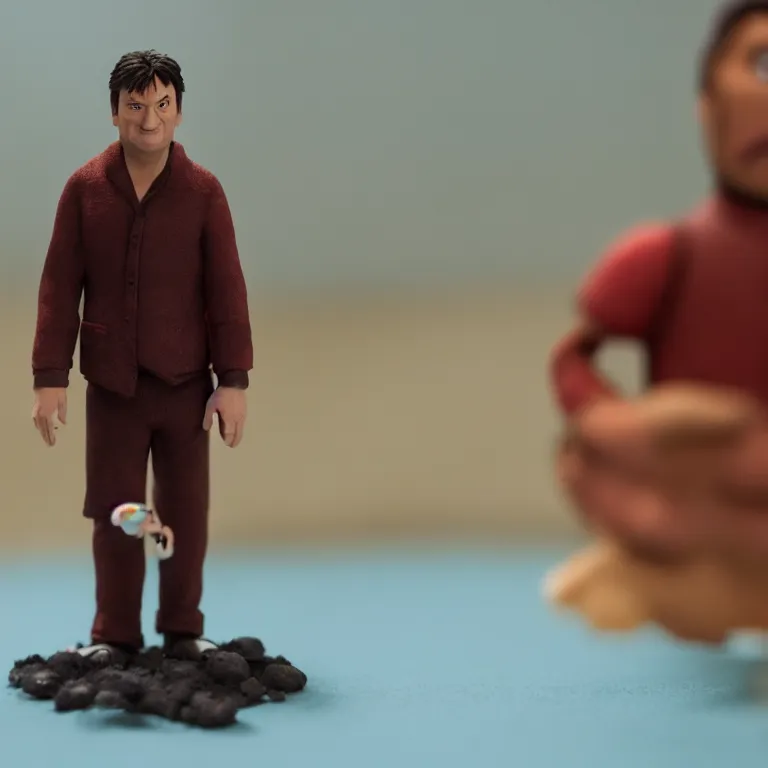 Image similar to a cinematic film still of a claymation stop motion film starring nathan fillion, shallow depth of field, 8 0 mm, f 1. 8