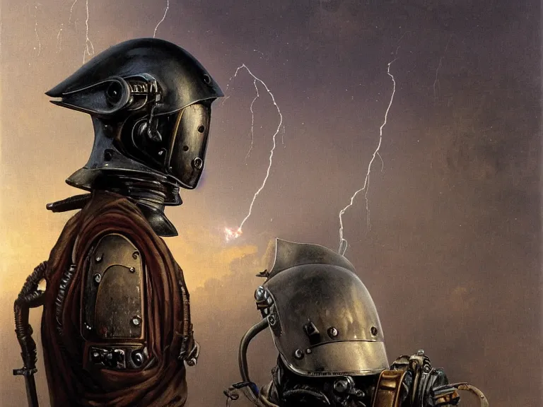 Prompt: a detailed profile painting of a bounty hunter in polished dieselpunk armour and visor. Fencing mask and shroud. cinematic sci-fi poster. Cloth and metal. Welding, fire, flames, samurai Flight suit, accurate anatomy portrait symmetrical and science fiction theme with lightning, aurora lighting clouds and stars. Clean and minimal design by beksinski carl spitzweg giger and tuomas korpi. baroque elements. baroque element. intricate artwork by caravaggio. Oil painting. Trending on artstation. 8k