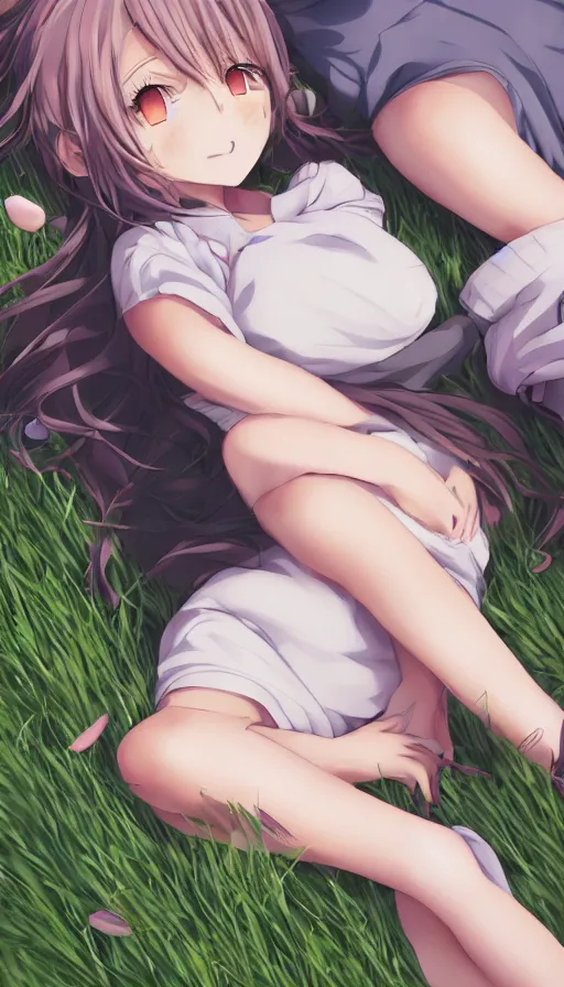 Prompt: two cute anime character lying in a grass bed huggig, realistic face, detailed face, detailed eyes, short miniskirt, lightly dressed, ultra detailed digital art, hyper real, detailed, ultra detailed, ground up angle, full body shot, wide angle