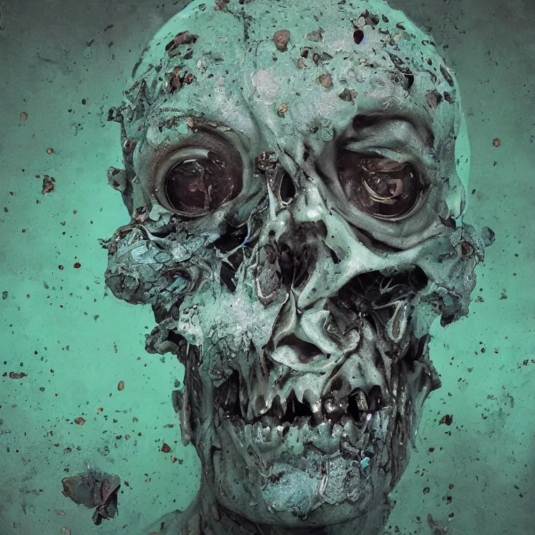 Image similar to A beautiful oil painting hyperrealism of a decayed zombie head, green bulging eyes, rotten green skin, grey beard, blue veins, skull bones flowers, 8k resolution, octane render, Trending on artstation, by Gediminas Pranckevicius, volumetric light 2blue fractal Thunder glow by dan mumford, anaglyph effect, Laurie Lipton