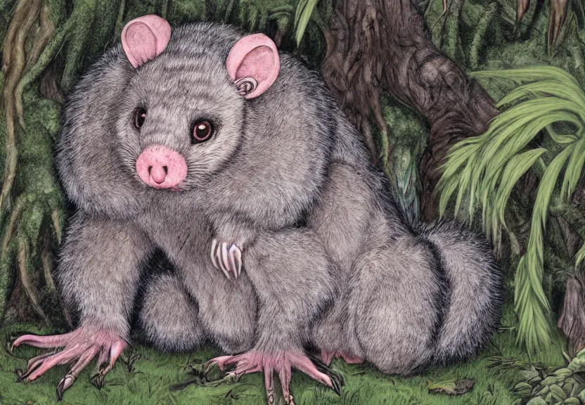 Image similar to possum monster hidden in the forest, colorized, highly detailed, 4k, trending on Artstation, award-winning, art by Maurice Sendak