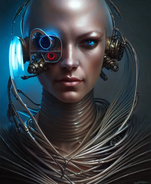 Prompt: portrait shot of a cyberpunk robot, intricate, elegant, highly detailed, centered, digital painting, artstation, concept art, smooth, sharp focus, illustration, artgerm, tomasz alen kopera, peter mohrbacher, donato giancola, joseph christian leyendecker, wlop, boris vallejo