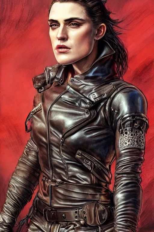 Image similar to muscled Katie Mcgrath as a ruggedly handsome heroine , dressed in biker leather , mad max , intricate, elegant, highly detailed, centered, digital painting, artstation, concept art, smooth, sharp focus, illustration, art by artgerm and donato giancola and Joseph Christian Leyendecker, Ross Tran, WLOP