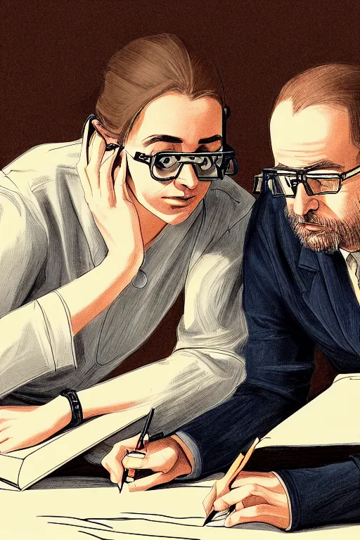 Image similar to portrait of two wise and very beautiful scientists reviewing some texts, intricate, elegant, highly detailed, smooth, sharp focus, artstation