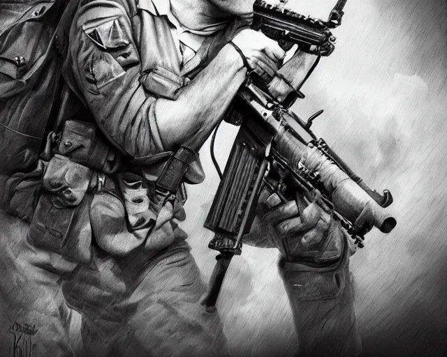 Image similar to A soldier aiming a gun, indifferent face, world war 1, close-up, realistic face, beautiful face detail, mature facial features, black and white, amazing digital art, hyper detailed, artstation, in the style of Tony Sart