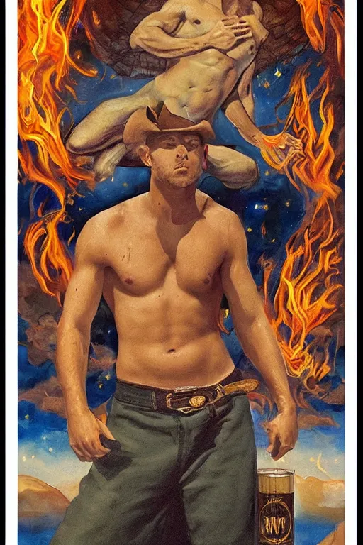 Prompt: a dramatic, epic, ethereal tarot painting of a handsome shirtless cowboy with a chunky build and belly | background is a serene campfire | cans of beans and jugs of whisky | tarot card, art deco, art nouveau | by Mark Maggiori | trending on artstation