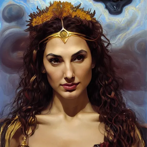 Image similar to Full body oil painting of the beautiful goddess Gal Gadot as Artemisa, she is wearing roman clothes and a surreal jewelry, her hair is natural disheveled, she is approaching heaven over the clouds, naturalism, dramatic lighting, high-detailed oil painting by Ilya Repin, Michelangelo da Caravaggio, William Blake, Alex Grey and Beksinski, trending on Artsation, hystorical painting, naturalism, masterpiece, 4k, 8k,