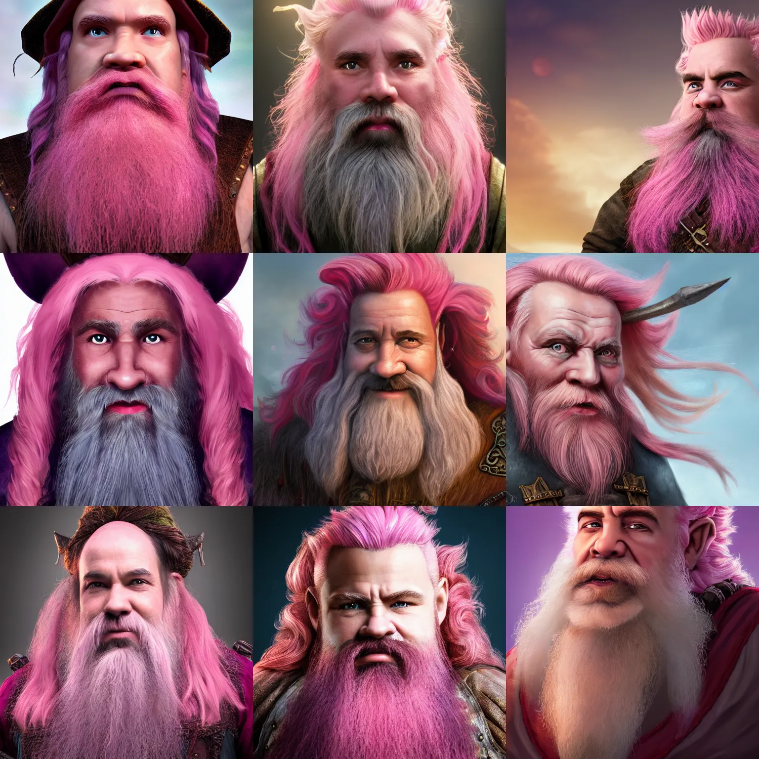 Prompt: d & d fantasy book portrait of a dwarf with pink hair and pink beard, high detail, 4 k, soft light, fineart