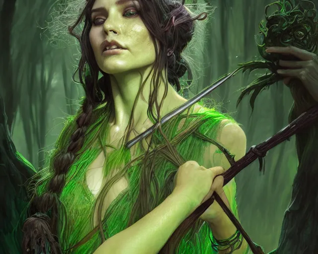 Image similar to portrait of a swamp witch, green skin, green hair, holding a caduceus staff, messy hair, d & d, fantasy, intricate, elegant, highly detailed, digital painting, artstation, concept art, matte, sharp, illustration, hearthstone, art by artgerm and greg rutkowski and alphonse mucha