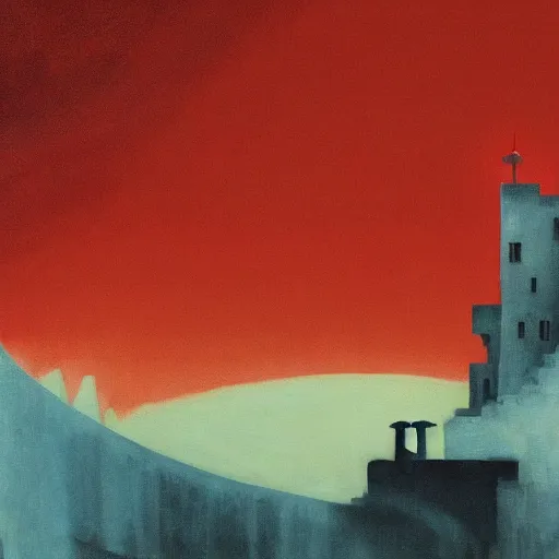 Prompt: a painting of a dreadful red sun over a castle with a waterfall in front of it. digital painting, vertical, intricate, beautiful, detailed, grunge, sharp focus, abstract art by el lissitzky and artgerm and kandinsky and kuvshinv, trending on artstation. gradient darker to bottom