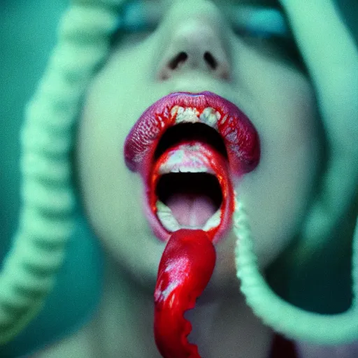 Prompt: highly photorealistic expired fuji film portrait of woman with long tentacled red tongue combined with stranger creatures, imax quality, 8 k, award winning photography