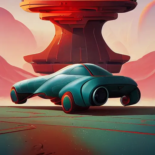 Prompt: retro futuristic car ad by tyler edlin and petros afshar and christopher balaskas and marius borgeaud and kiliain eng, atomic age maximalist, art nouveau, well proportioned, highly detailed