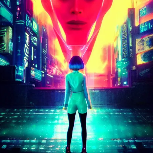 Image similar to Giant hologram of Hatsune miki in blade runner 2049, stunning, japanese anime cyberpunk style