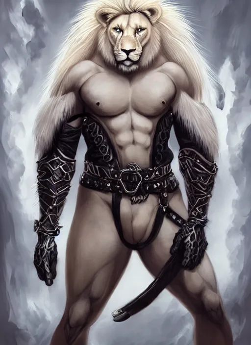 Image similar to aesthetic portrait commission of a of a male fully furry muscular anthro albino lion wearing attractive leather harness and shorts with a tail and a beautiful attractive hyperdetailed face r, safe for work (SFW). Character design by charlie bowater, ross tran, artgerm, detailed, inked, award winning film poster painting