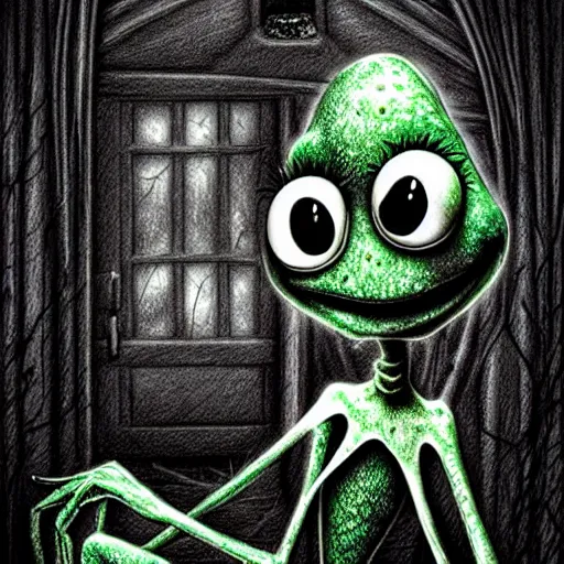 Image similar to michael karcz grunge cartoon drawing of kermit the frog. , in the style of corpse bride, loony toons style, horror themed, detailed, elegant, intricate