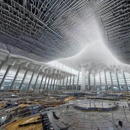 Prompt: a storm cloud, indoor view of the main hall of the largest building on earth, this kilometer tall brutalist megaconstruction has its own climate and biome. there is a thunderstorm inside the building