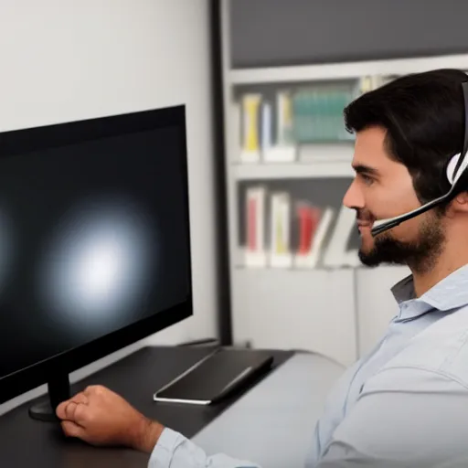 Prompt: friendly tech support with headset in front of a big screen aspect 1 6 : 9