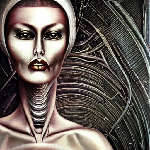 Prompt: portrait of a beautiful woman, alien, high detail, painting by hr giger