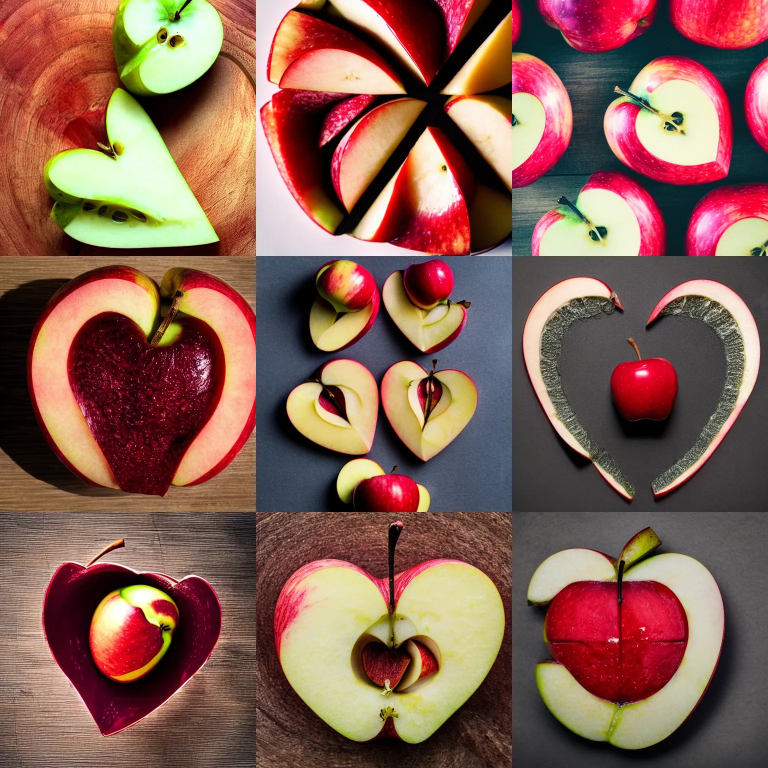 Prompt: apple in the shape of a heart, sliced in half, photography