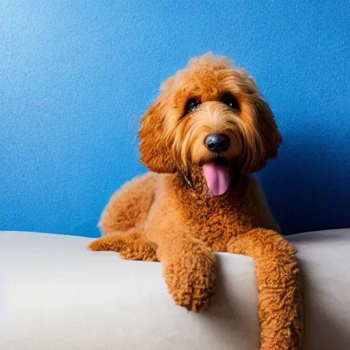 Prompt: studio photograph of a Goldendoodle dog with curly fur, sitting on a white sofa in a room with bright blue walls, f1.8 aperture, 4K HDR award winning photo