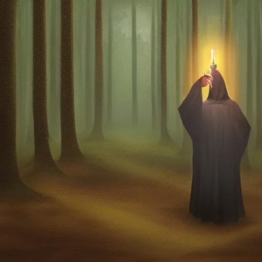 Image similar to dark eerie painting of a cloaked figure holding a lantern in the forest