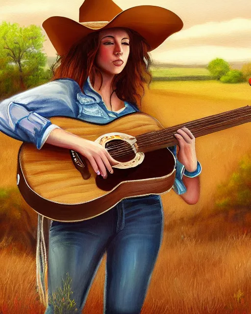 Image similar to a painting of a cowgirl playing a guitar and singing outdoors with texas hill - country in background, in the style of casey baugh, digital art