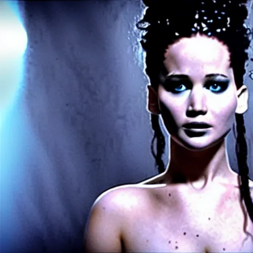 Prompt: jennifer lawrence as the bride of frankenstein, color photography, sharp detail, confused, still from the movie underworld