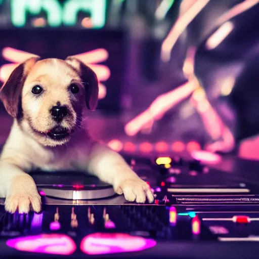 Prompt: photo, 4k, puppy as a techno DJ , front, cinematic lightning, realistic, beautiful, detailed