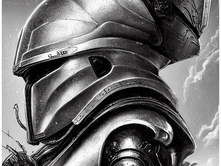 Image similar to a detailed profile painting of an elite shock trooper in silver knight inspired armour and visor. cinematic sci-fi poster. Cloth and metal. Welding, fire, flames, samurai Flight suit, accurate anatomy portrait symmetrical and science fiction theme with lightning, aurora lighting clouds and stars. Clean and minimal design by beksinski giger and tuomas korpi. baroque elements. baroque element. intricate artwork by caravaggio. Oil painting. Trending on artstation. 8k
