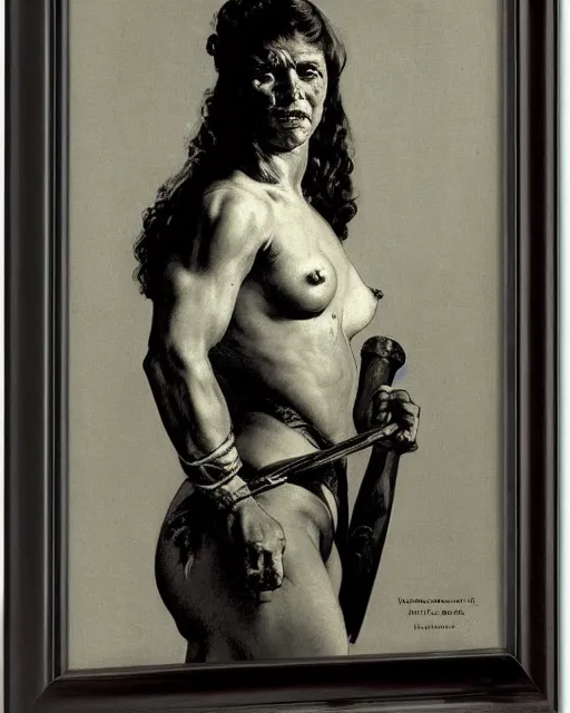 Image similar to frontal portrait of a savage muscular barbarian female, by norman rockwell