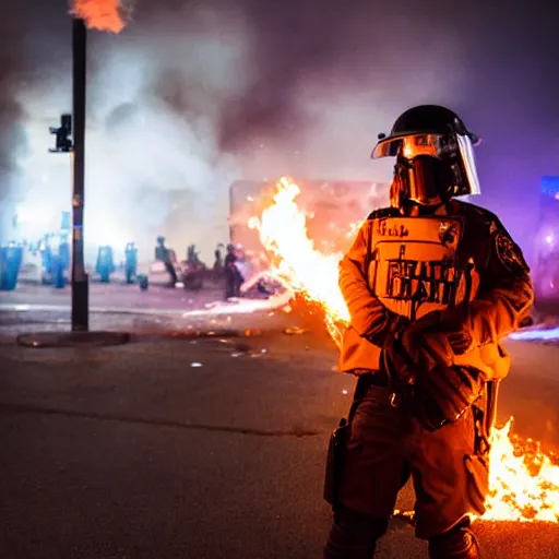 Image similar to portrait of a anti-riot policeman on fire , front, centered, riot background, at night, mid shot , editorial photography